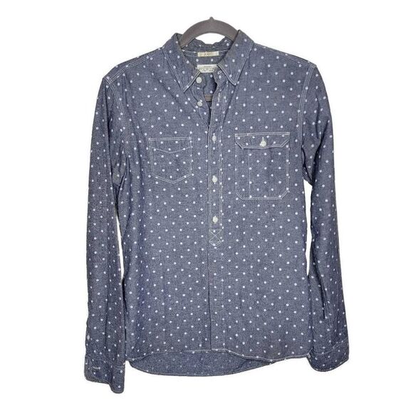 All Saints Slim Fit Polka Dot Cotton Button Front Shirt Blue White XS - Picture 1 of 12